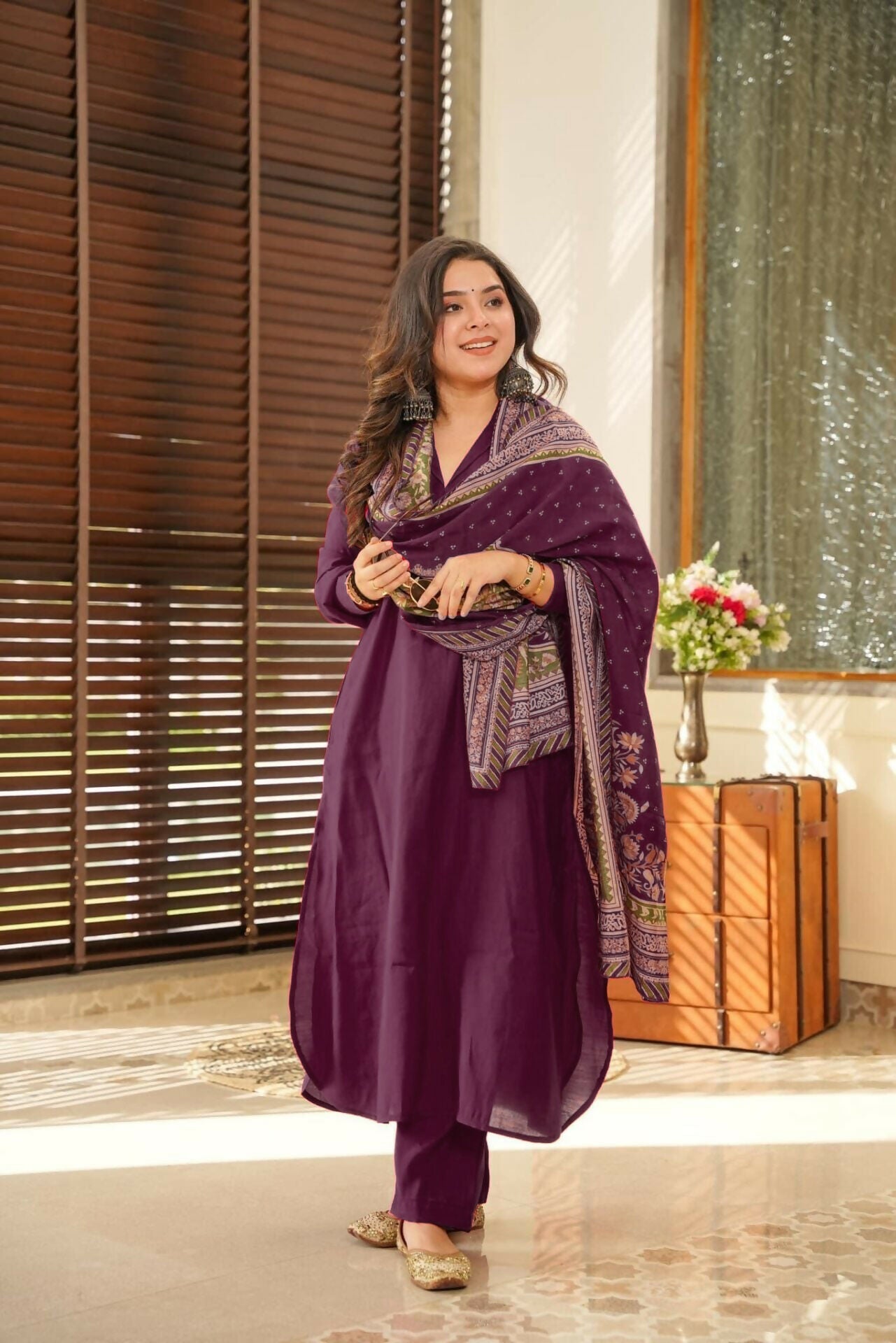 The52 Wine Women's Beautiful South Cotton Fabric Straight Kurta with Pant And Dupatta Set