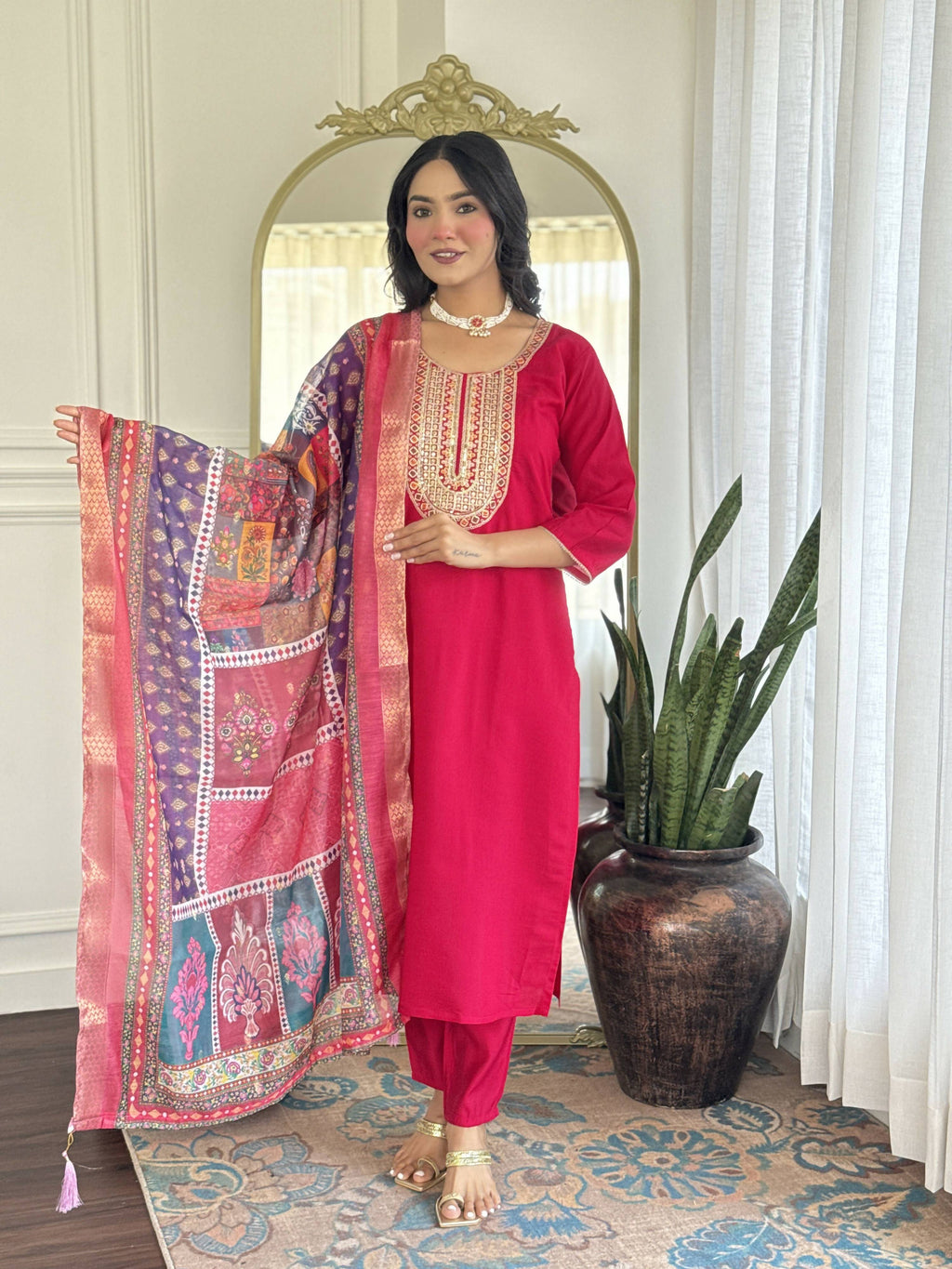 The52 Rani Gorgeous Embroidered Chanderi Silk Fabric Straight Kurta Pant with Dupatta Set