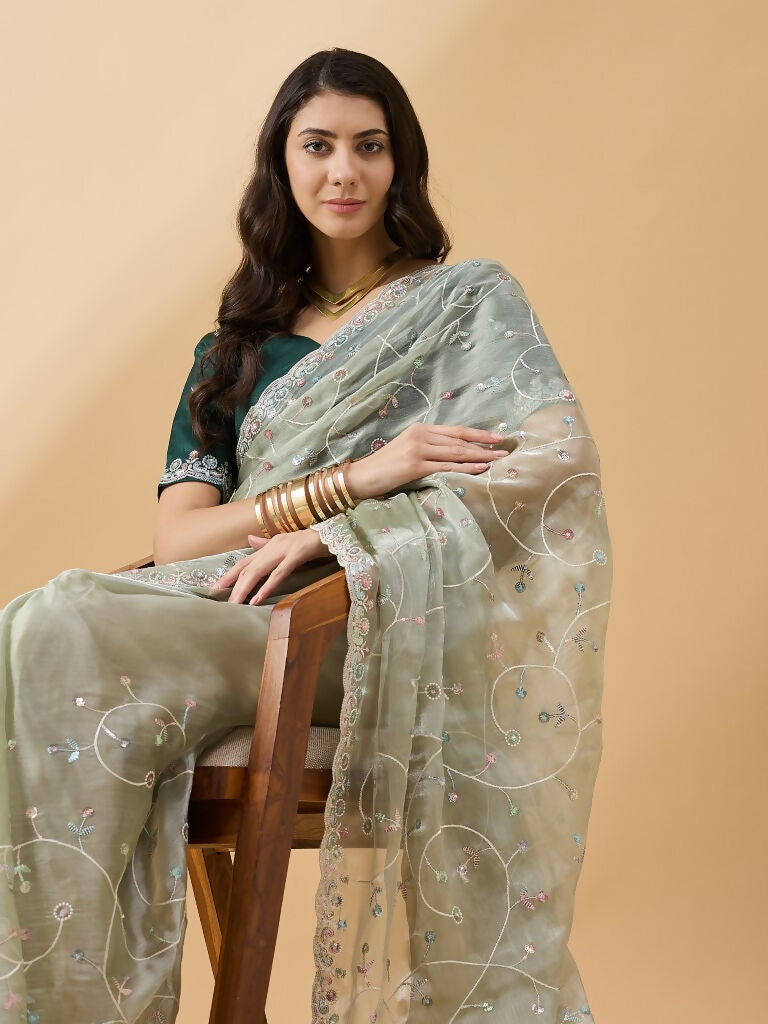 Green Organza Sequence Embroidered Saree with Unstitched Blouse - Satya
