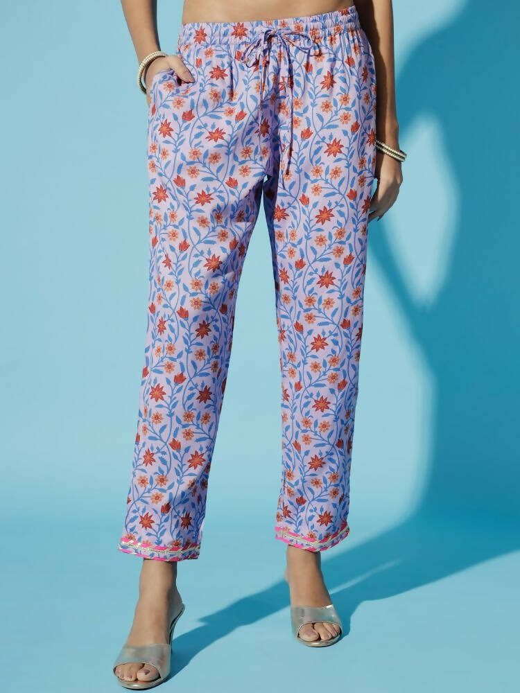 Myshka Women Lavender Printed Kurta & Trousers With Dupatta
