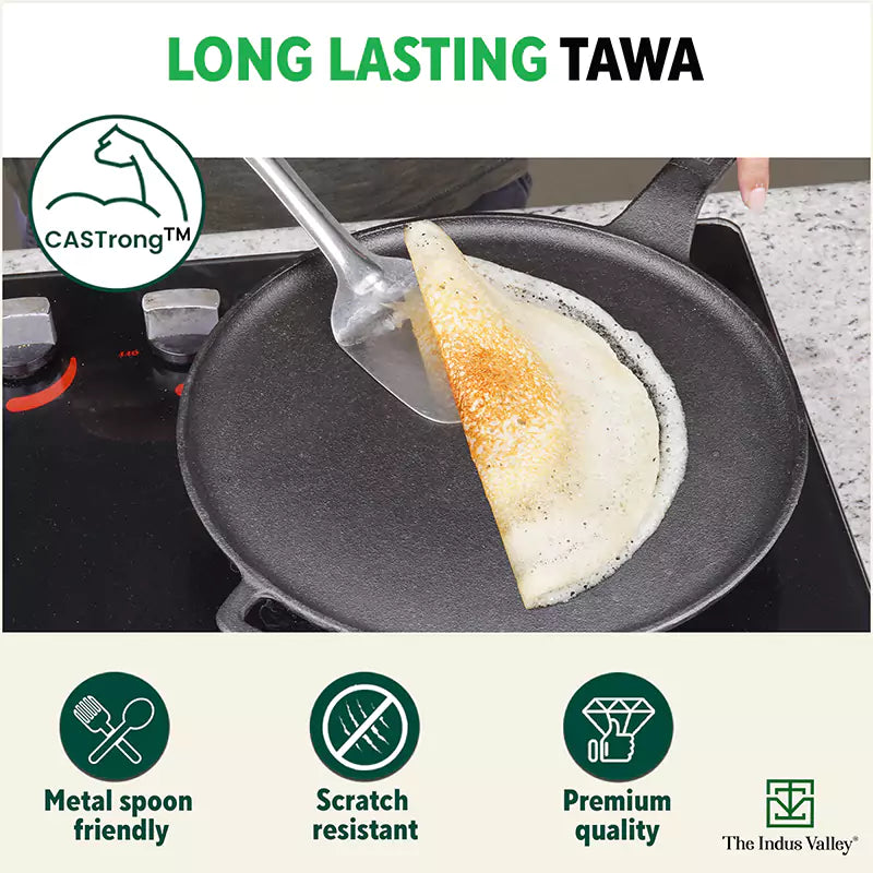 The Indus Valley CASTrong Cast Iron Tawa With Long Handle,Pre-seasoned, Nonstick, 100% Pure, Toxin-free, Induction, 28.5cm, 2.4kg