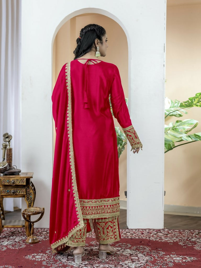 Teeya Creation Red Color Chinnon Silk Embroidery Work Fully Stitched Salwar Suit