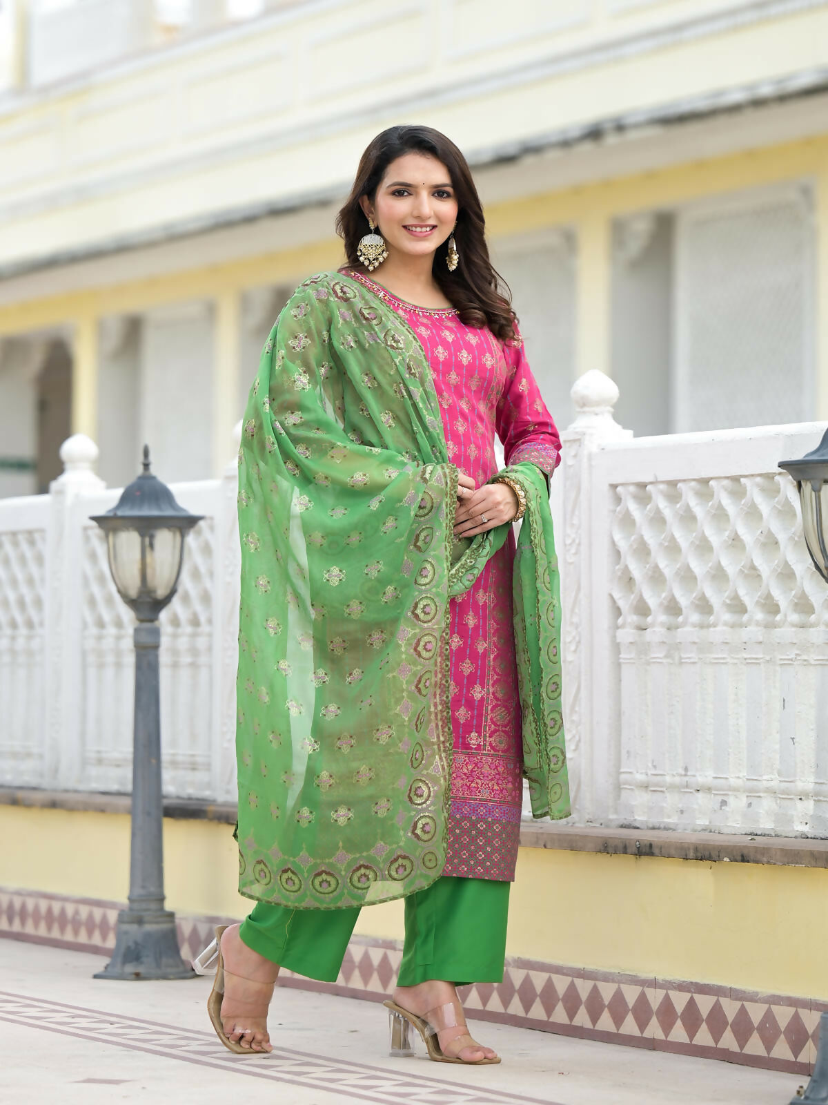 Juniper Women's Fuchsia Ethnic Motif Printed Muslin Kurta Pant With Dupatta Set With Beads & Sequins