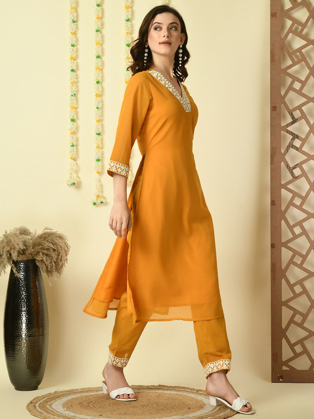 Myshka Women's Mustard Georgette Kurta & Trousers With Dupatta Party Sets