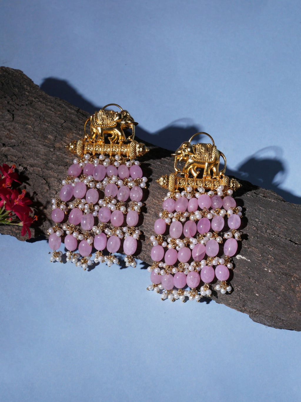 Long Layered Earrings with Elephant Motifs (Pink) - Ruby Raang
