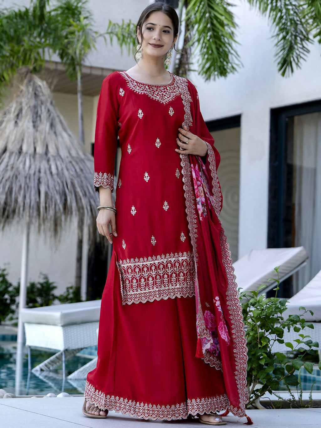 The52 Red Women's Gorgeous Embroidered Vichitra Silk Fabric Straight Kurta, Sharara and Dupatta Set
