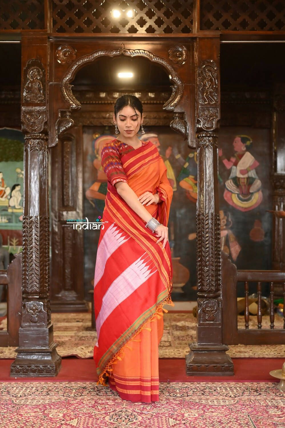 Very Much Indian Handloom Cotton Viscose Ilkal Saree Bright Orange With Red Border