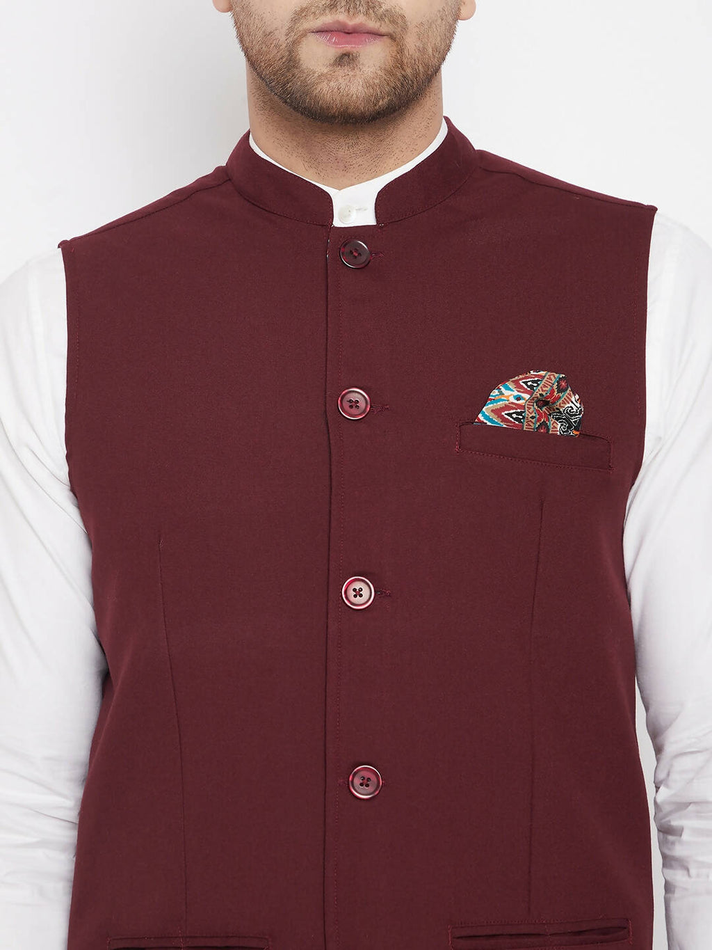 Even Apparels Maroon Merino Men's Nehru Jacket-Contrast Lining-Inbuilt Pocket Square