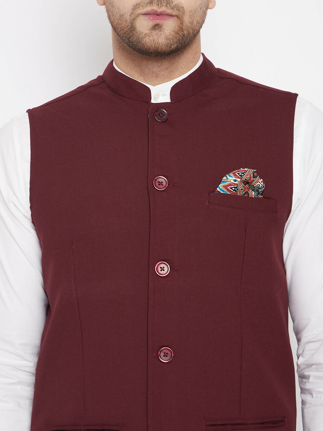 Even Apparels Maroon Merino Men's Nehru Jacket-Contrast Lining-Inbuilt Pocket Square