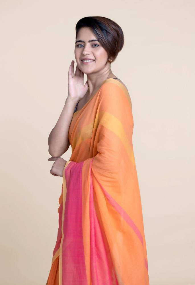 Suta Orange Pink Striped Mul Saree