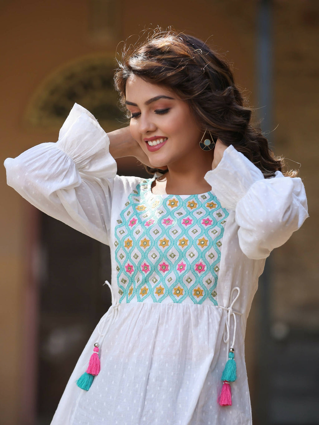 Juniper Women's White Cotton Dobby Solid With Multi Color Embroidered Tunic