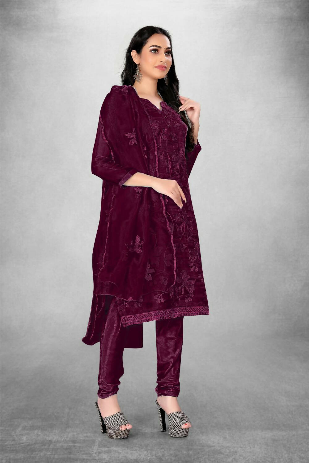 Wine Heavy Organza Silk Embroidered Unstitched Dress Material - Amara