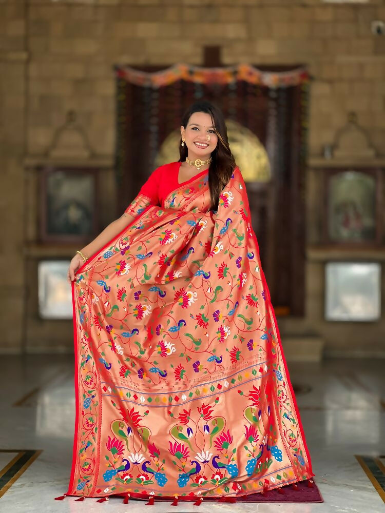 PR Fashion Red Oft Kanjivaram Paithani Silk With Zari Weaving Meenakari Design Saree