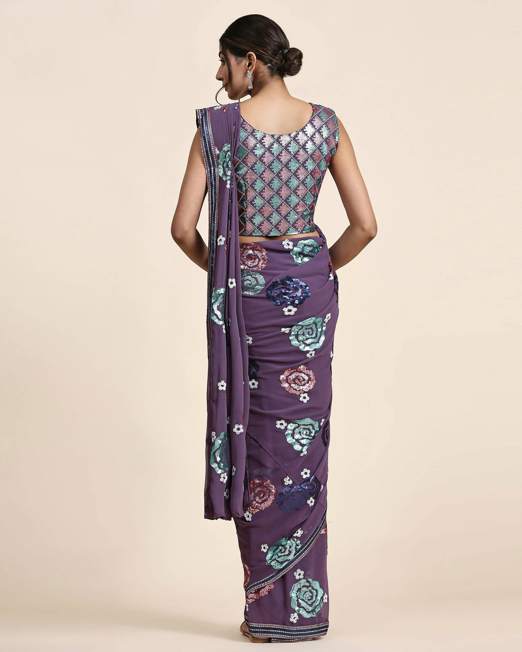 Purple Pure Georgette Sequence work Ready to wear Saree with stitched Blouse - Nirvana