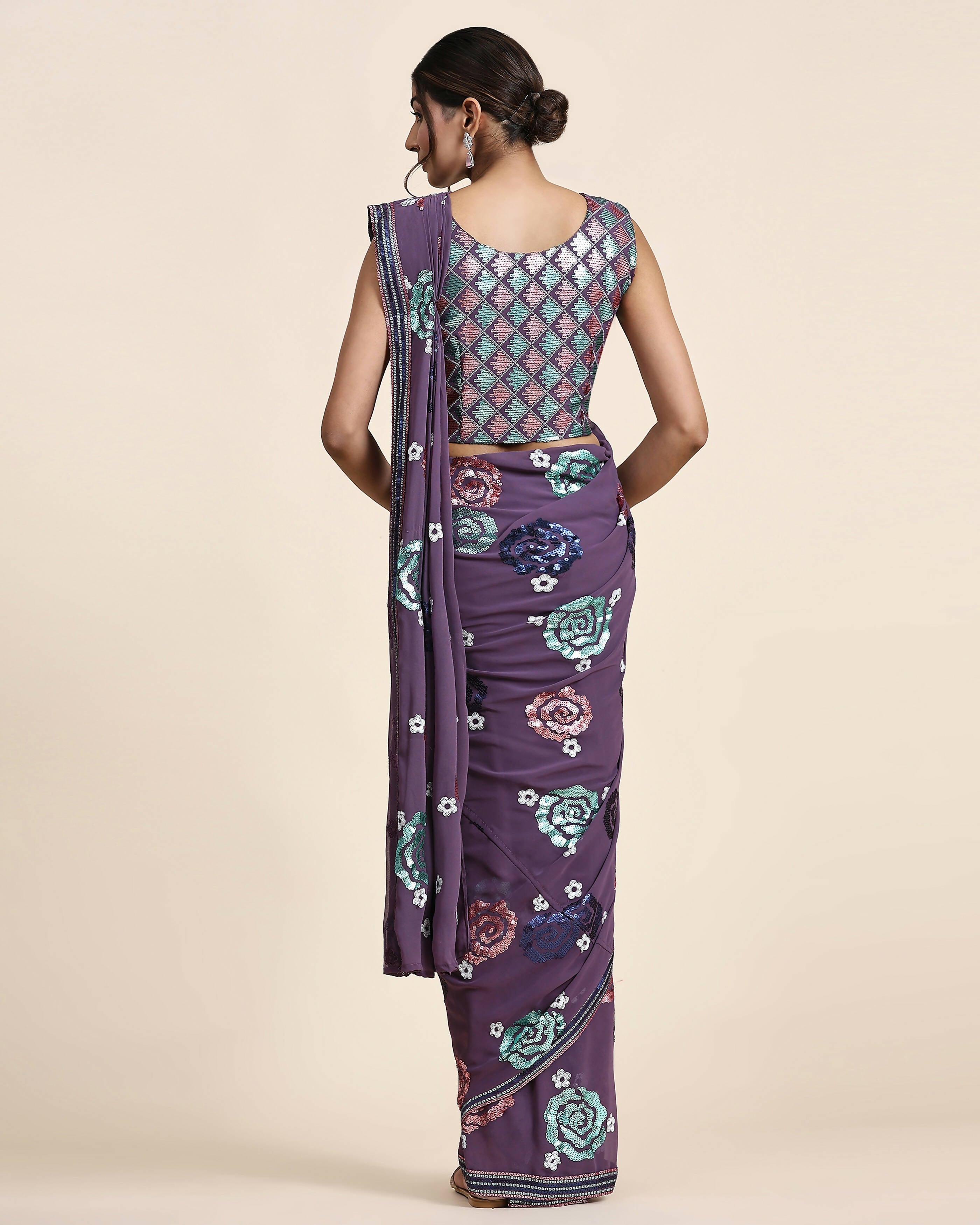 Purple Pure Georgette Sequence work Ready to wear Saree with stitched Blouse - Nirvana