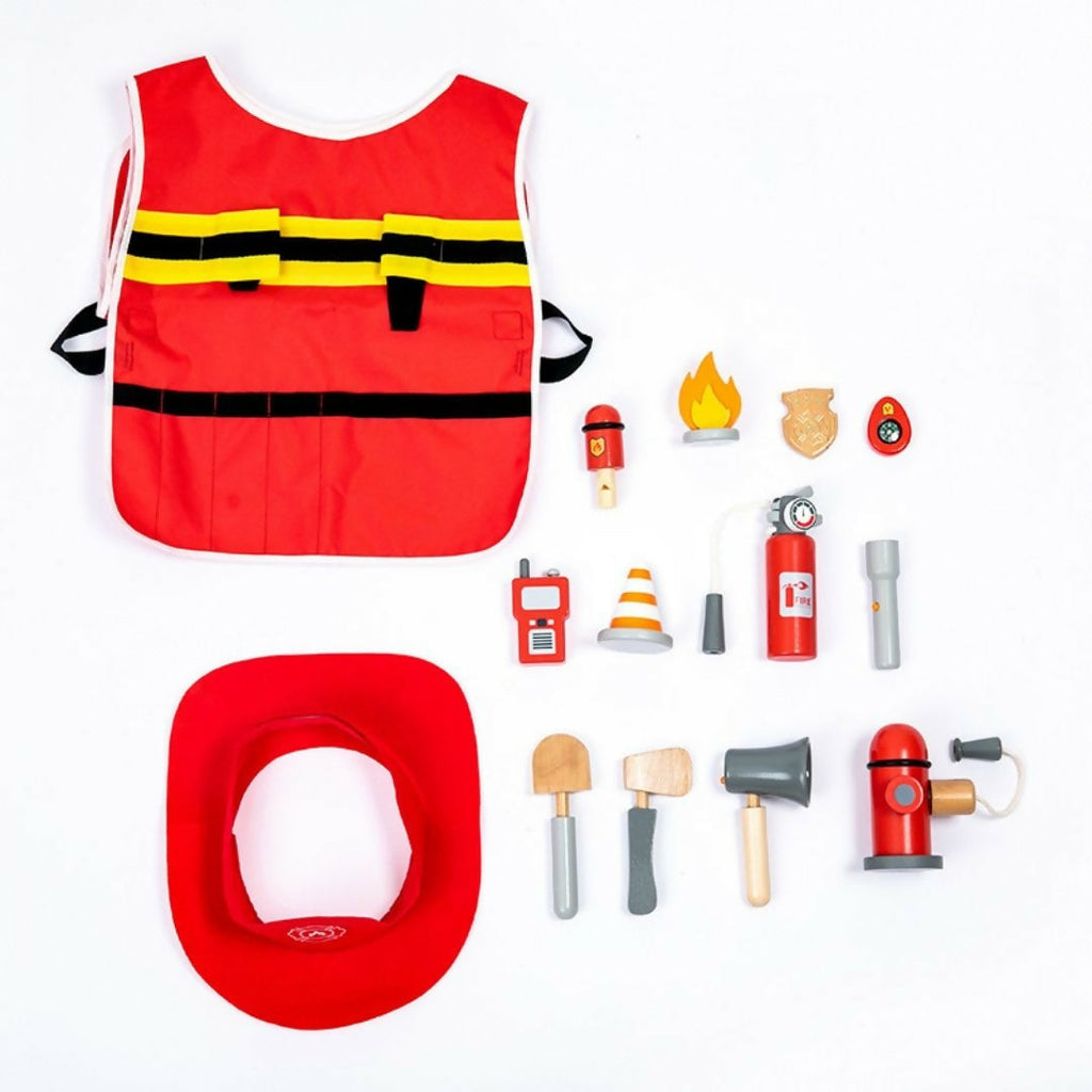 Nesta Toys Wooden Firefighter Pretend Play Toy with Fireman Costume Kit (14 Pcs)
