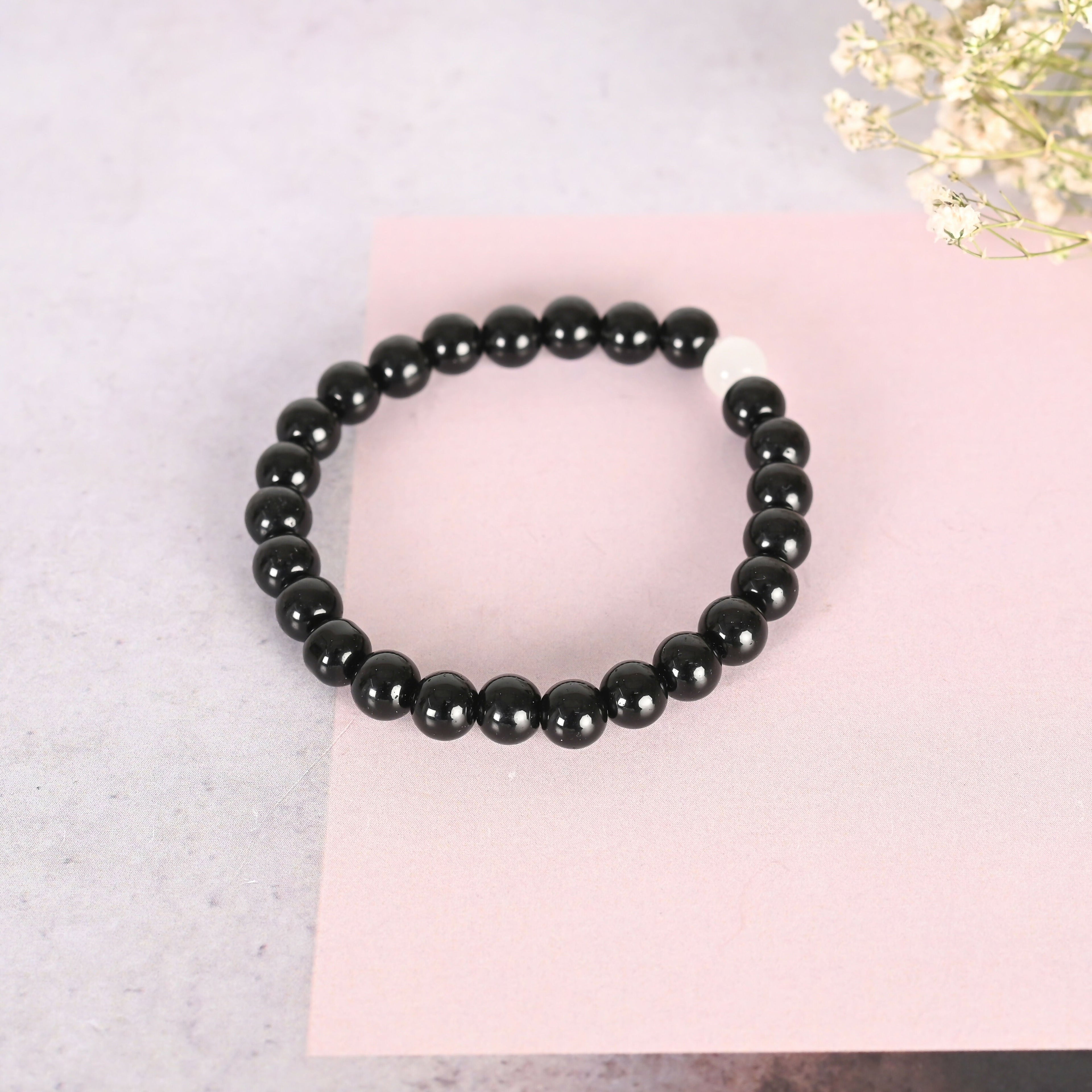 NVR Men & Women Black Marble Crystal Beaded Elasticated Bracelet