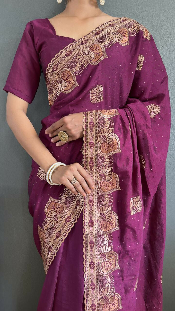 Vastranavya Purple Vichitra Silk Zari with Swarovski Work Ready to Wear Saree