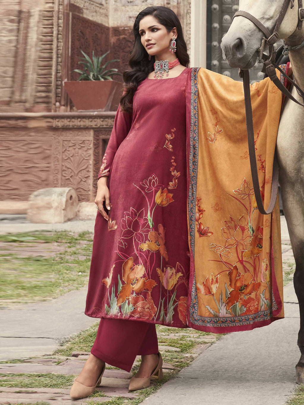 Jyoti Fashion Women's Red Velvet Floral Digital Printed Kurta with Trouser & Dupatta