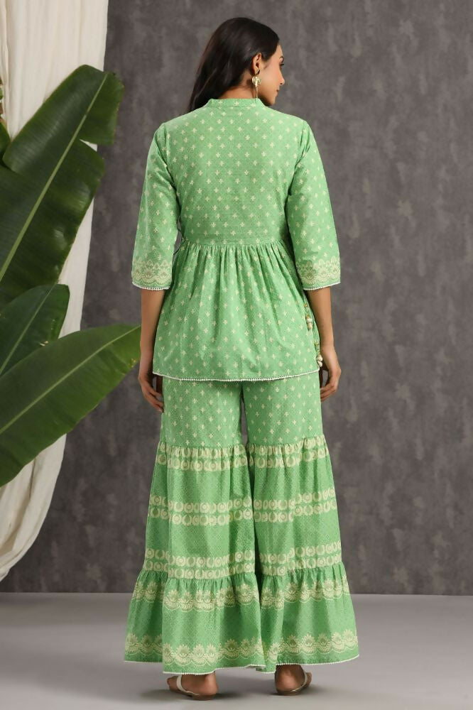Juniper Green Ethnic Motif Printed Pure Cotton Tunic & Sharara With Sequins & Lace Detail