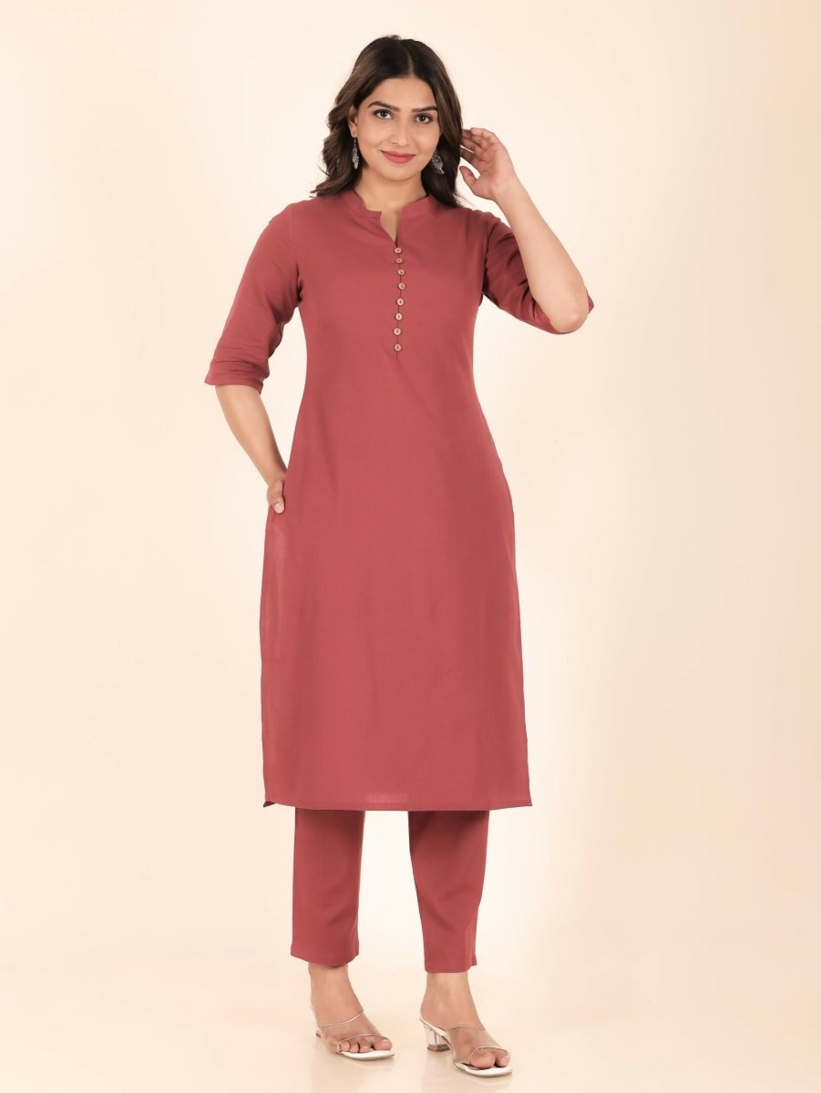 Aramya Pink Linen Cotton Solid Print Straight Kurta Set for Women
