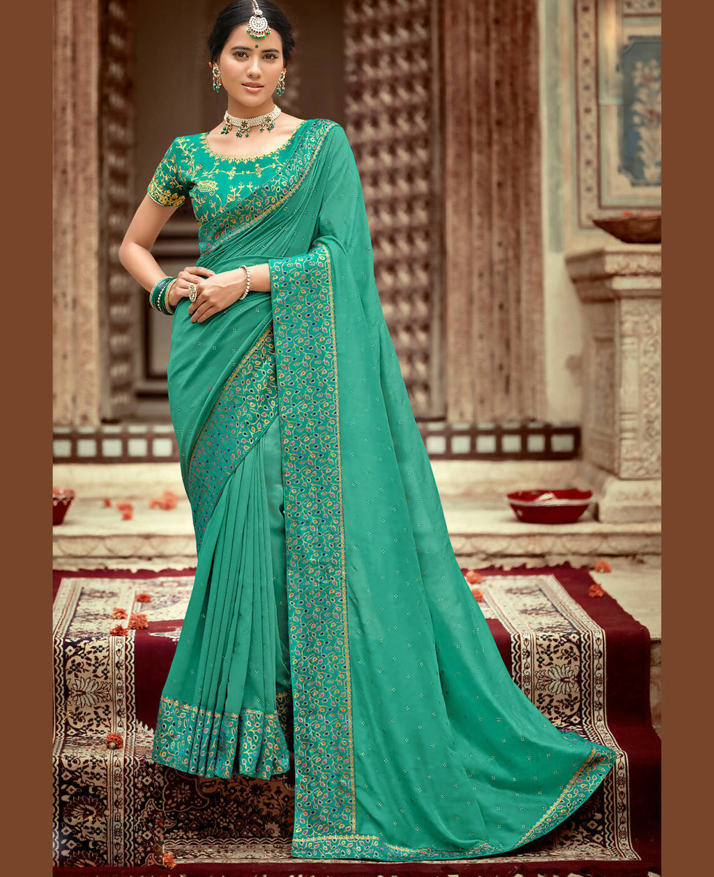 Sea Green Vichitra Stone Work Saree With Unstitched Blouse Piece - Rosy