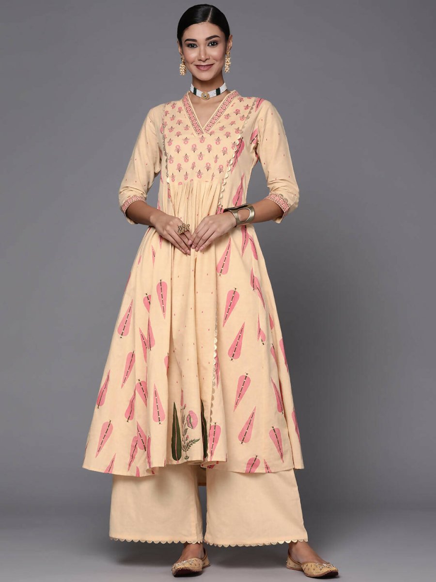 Ahalyaa Women Cream-Coloured & Pink Floral Print Pure Cotton Anarkali Kurta with Palazzos