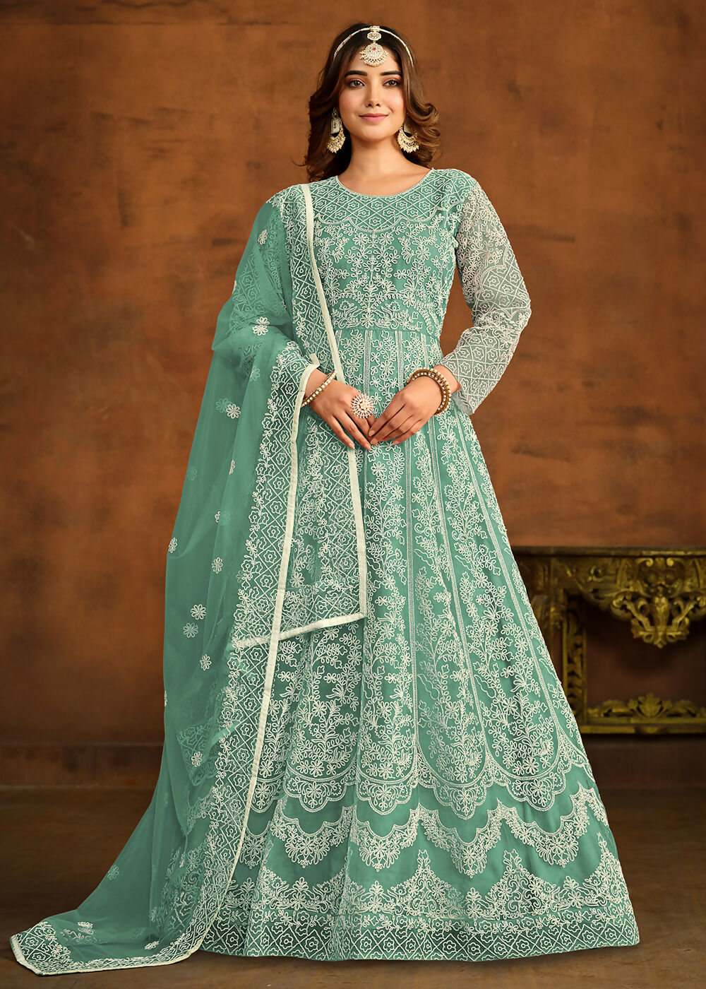 Green All Over Embroidered Net Wedding Anarkali Suit - Emponline