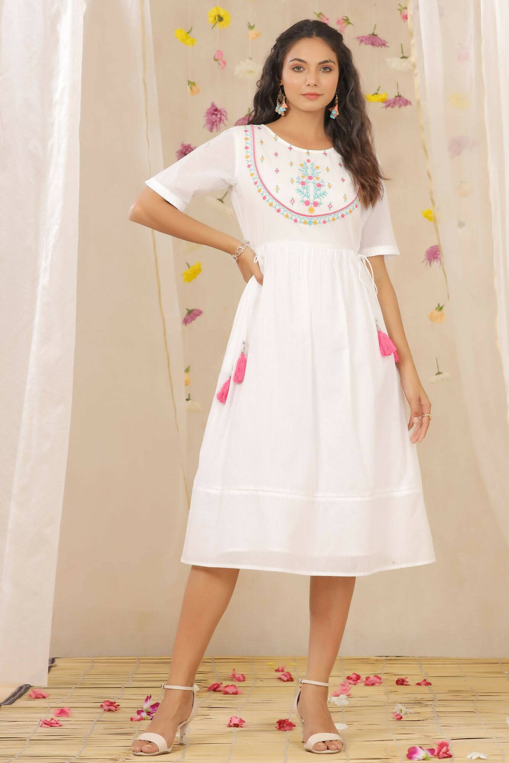 Juniper Women White Cotton Dobby Embroidered A-Line Dress