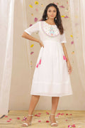 Juniper Women White Cotton Dobby Embroidered A-Line Dress