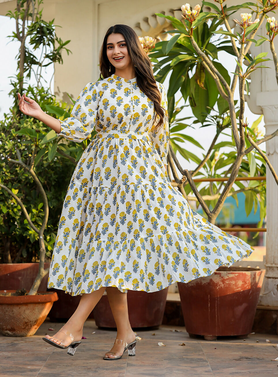 Kaajh Women's White-Yellow Ethnic Floral Hand Block Print Cotton Dress