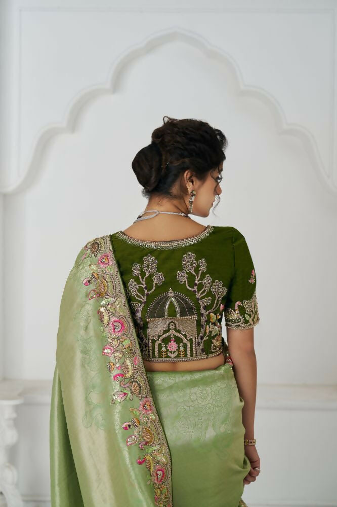 Kesar Fab Mehendi Color With Multi-Thread And Sequins Embroidery For Wedding Saree