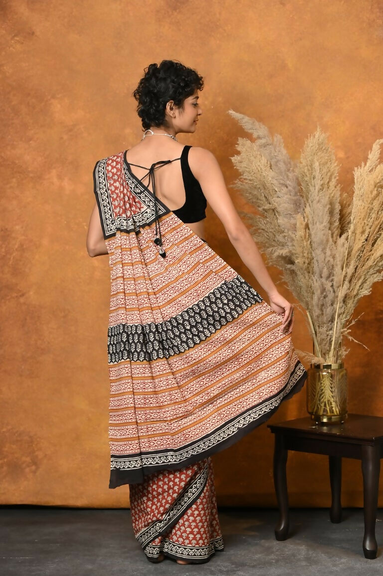 Very Much Indian Handblock Printed Cotton Saree With Natural Dyes - Orange