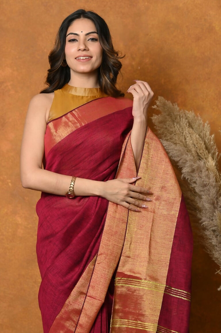Very Much Indian Handloom Pure Cotton Linen Saree With Golden Border - Maroon
