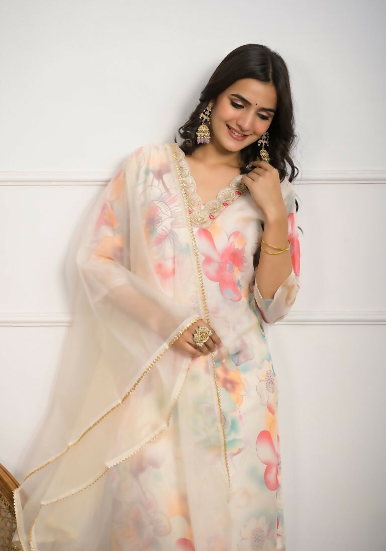 Festive Wear Ethnic Off White Premium Organza Stitched Suit With Dupatta - Tanisha