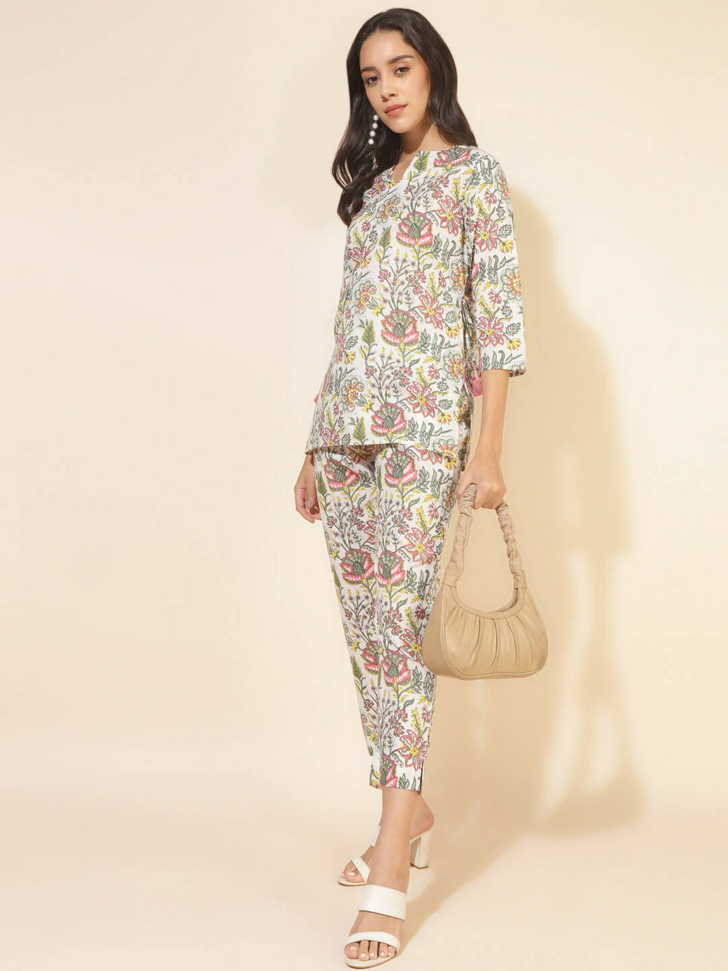 Janasya Women's White Cotton Printed Casual Regular Co-ords