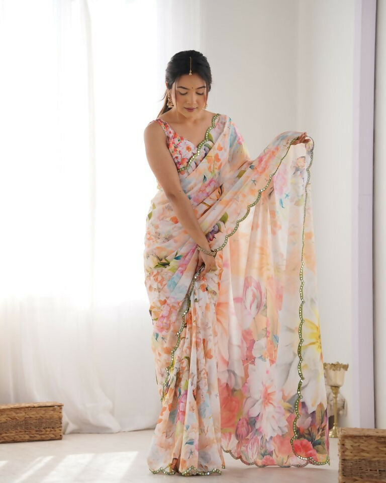 Multy Chinon Designer Digital Printed & Mirror Cut Work Saree - Kriti