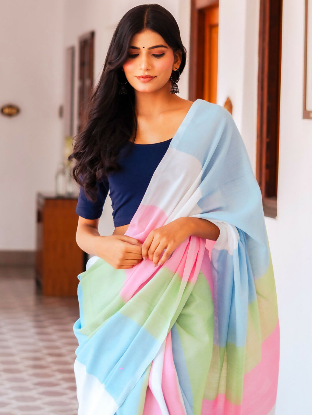 Zibaa Hand-Dyed Mul Cotton Multi-color Saree with Tassels
