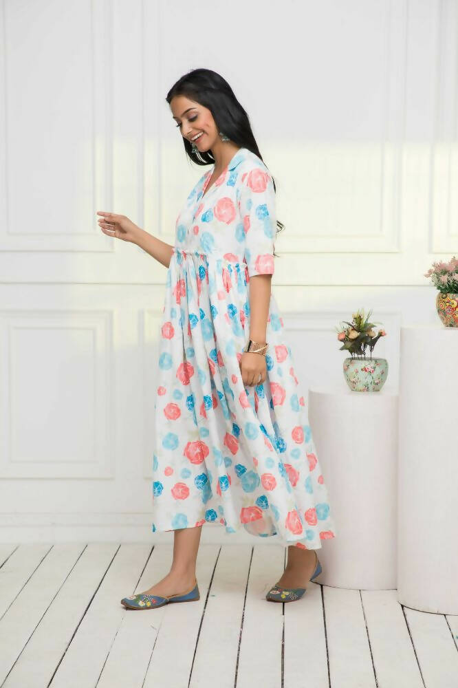 Myshka Women Multi - Floral Rayon A-Line V-Neck Dress