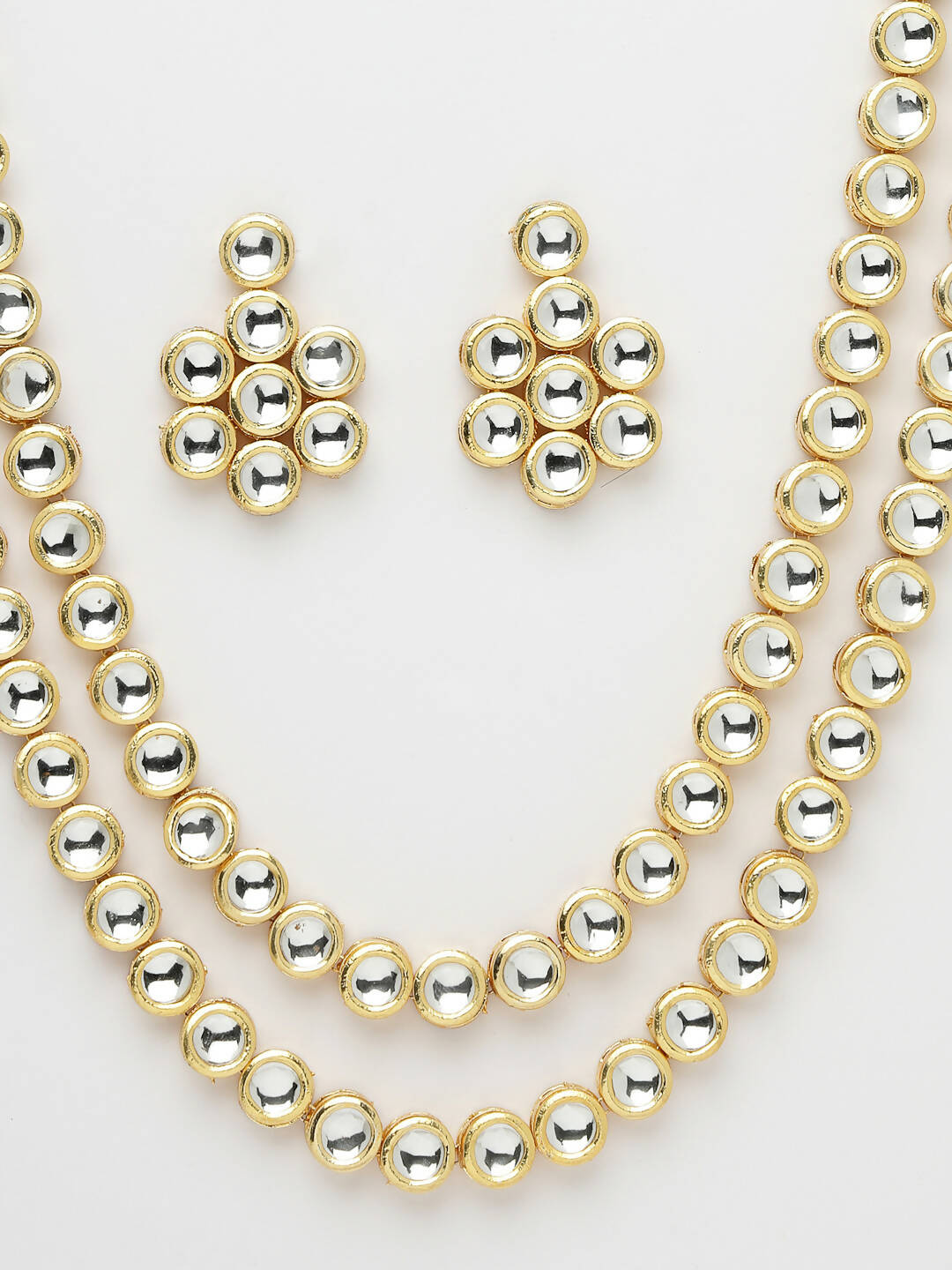 NVR Women's Gold-Polished Kundan 2 Layered Handcrafted Jewellery Sets With Drop Earrings