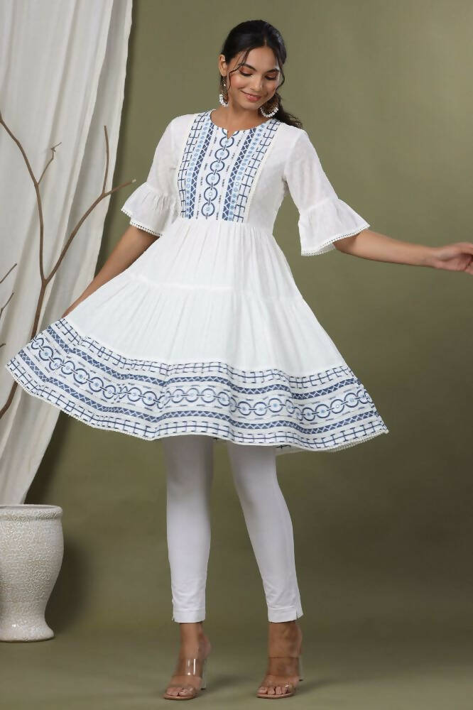 Juniper White Cotton Dobby Festive Embroidered Tiered Dress For Women