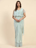 Light Blue Lycra Solid Ready to Wear Saree with stitched Blouse - Nita