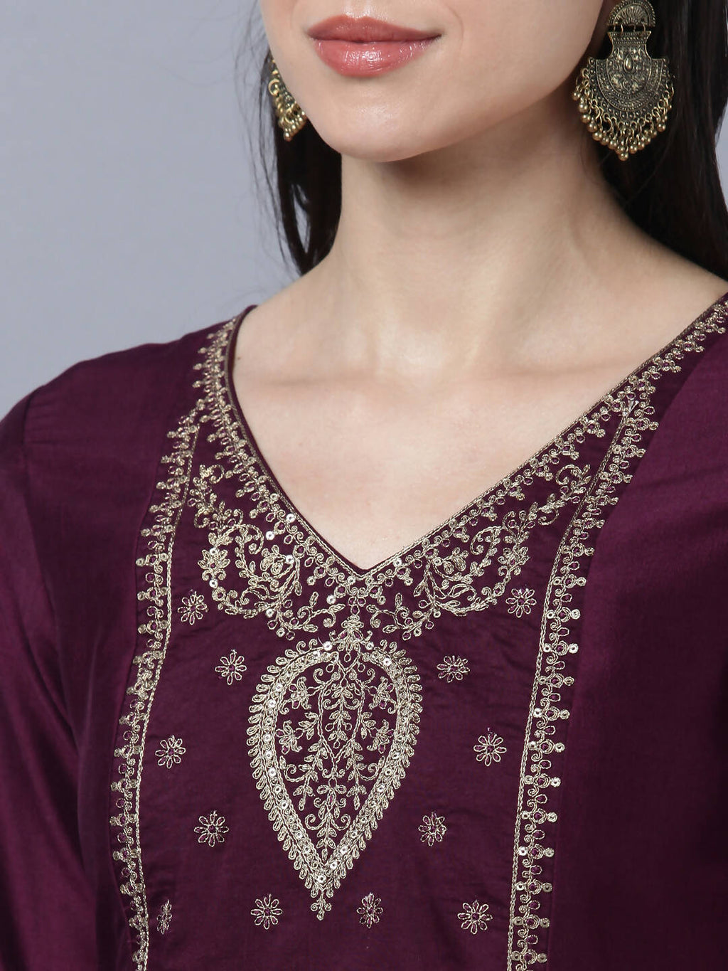 Myshka Stylish Maroon 3/4 Sleeve Women's Kurta Pant with Dupatta Set