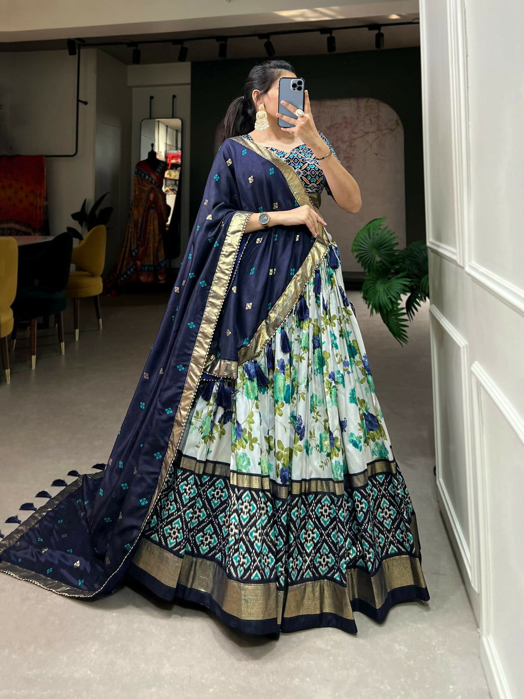 Vastranavya Exquisite Tussar Silk Lehenga Set With Perfect Floral And Patola Print Design Lehenga Choli - Navy Blue