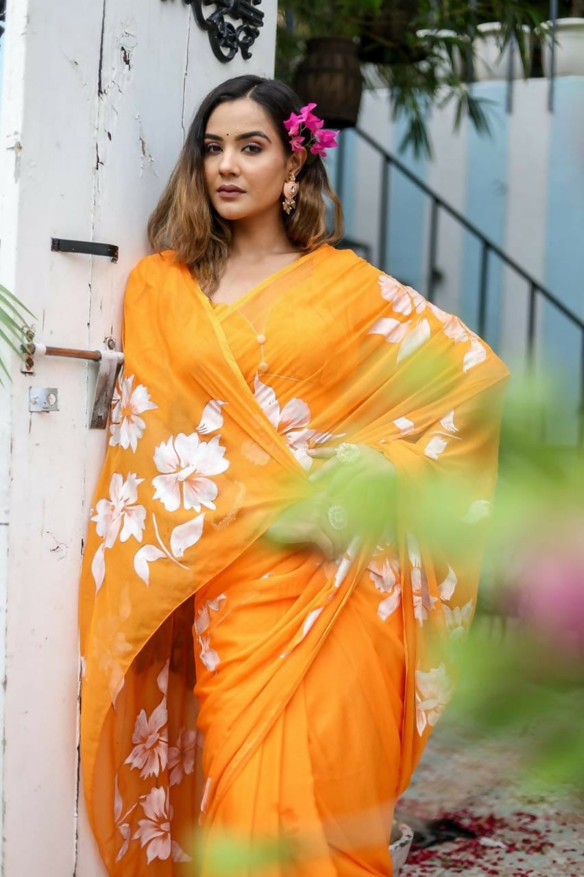 Exclusive Collection Beautiful Orange Pure Cotton Hand Print Handloom Saree With Running Blouse Piece