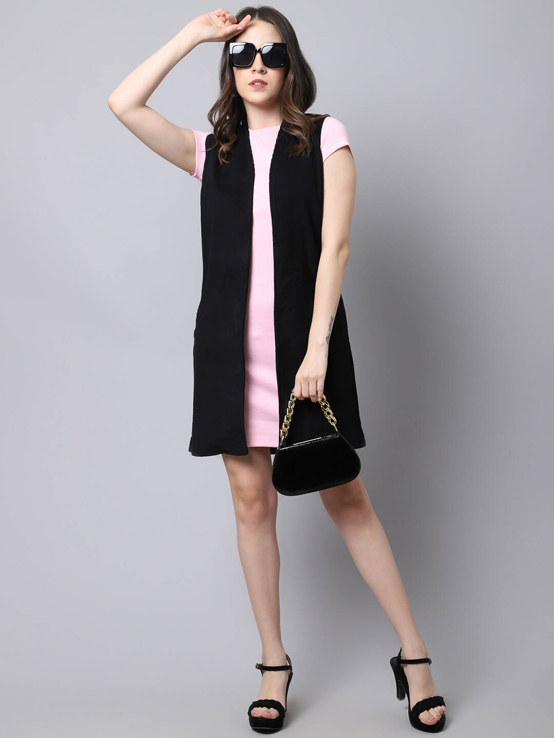 Even Apparels Black Polywool Open Front Corduroy Women's Long Coat