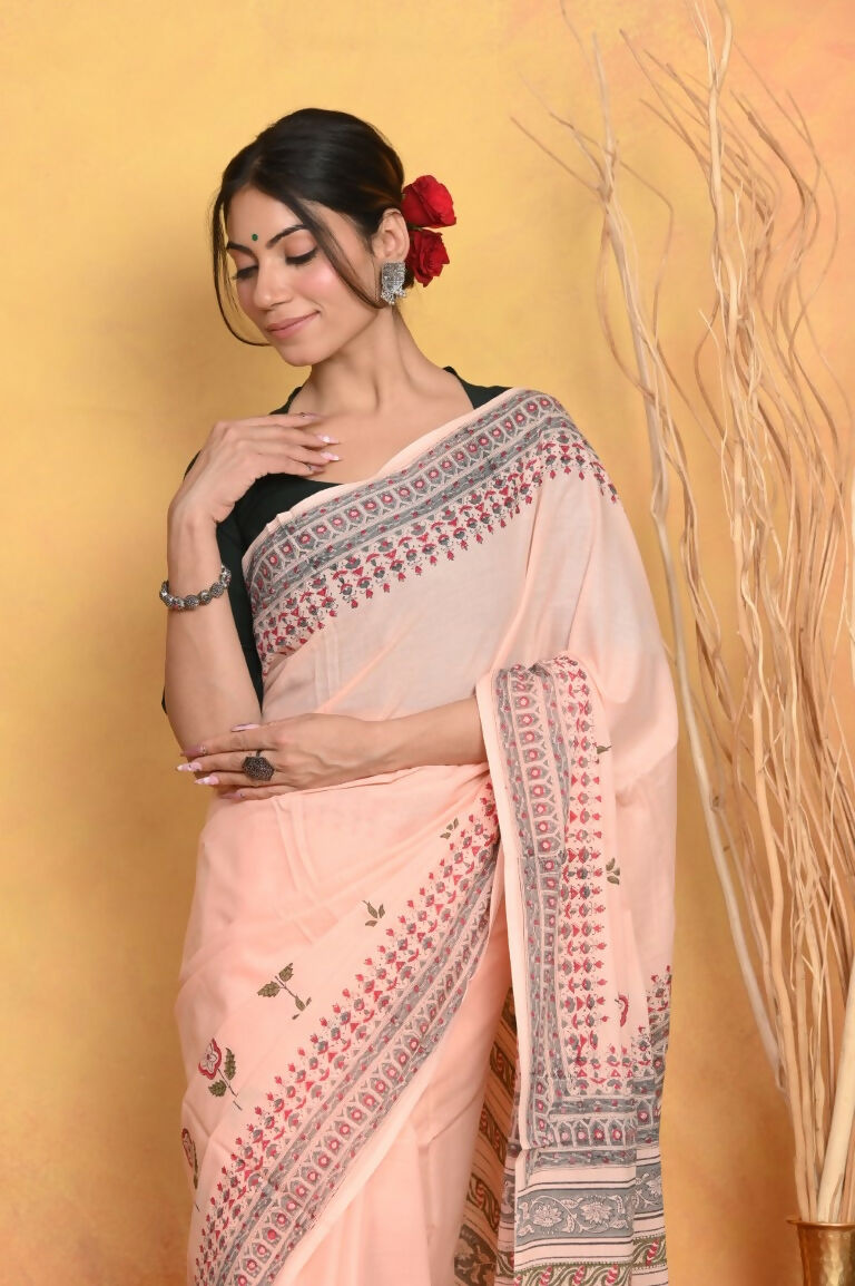 Very Much Indian Handblock Printed Cotton Saree With Natural Dyes - Peach