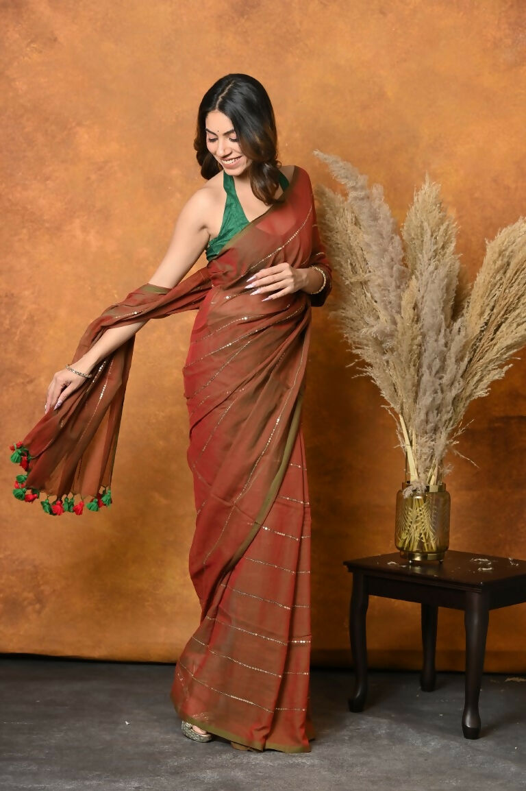 Very Much Indian Designer Mul Cotton Handloom Saree with Sequins - Dual Tone Red Green