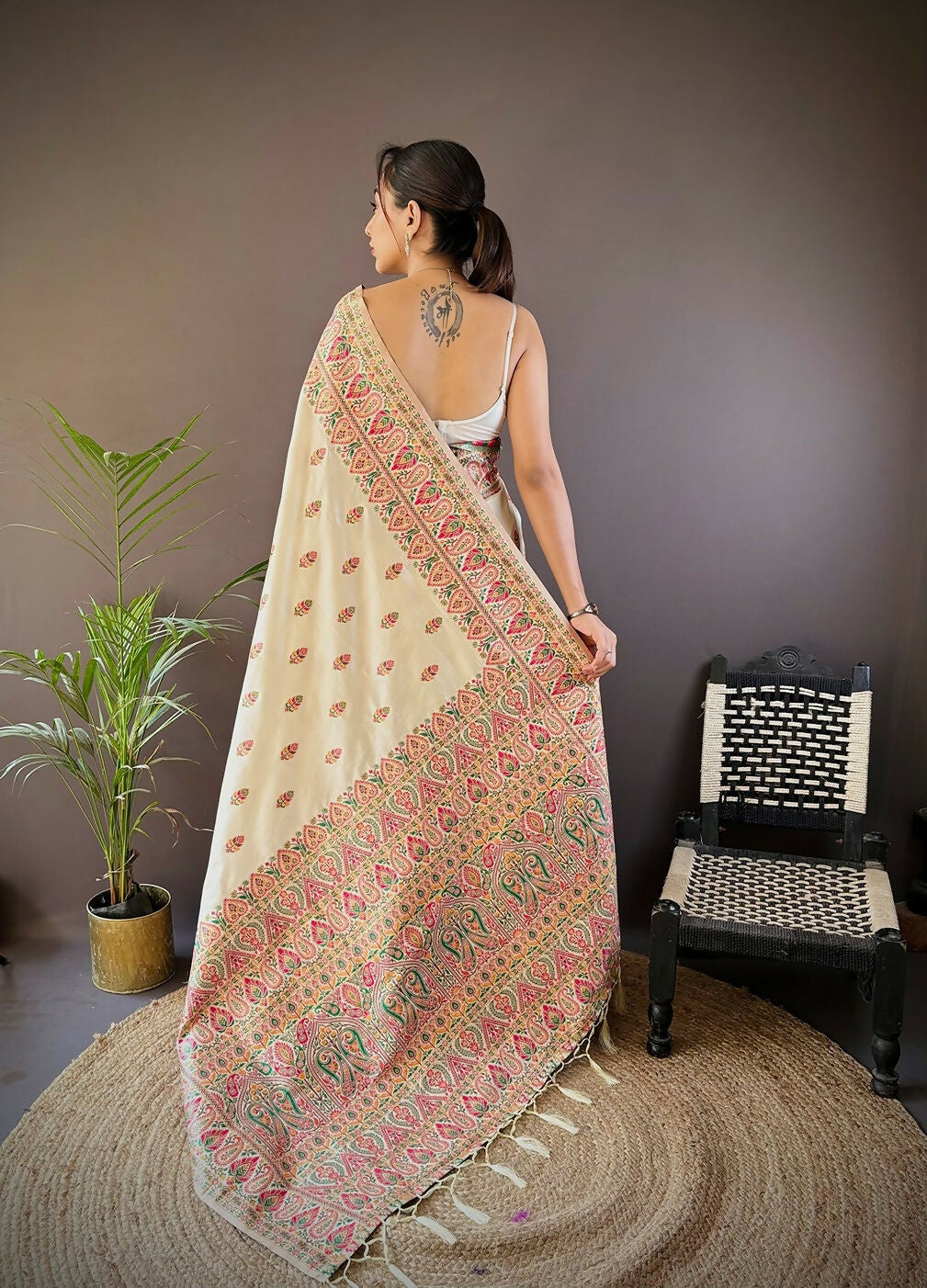Joban Fashion White Meena Weaves Pashmina Sarees