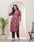 Vaasva Women Magenta Cotton Printed Straight Kurti With Pant